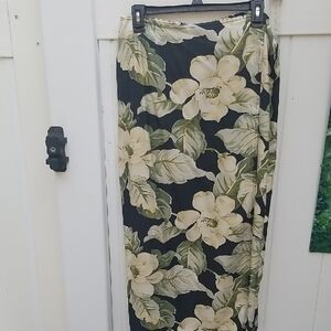 Tommy Bahama Black and Cream Floral Maxi Skirt Silk Wrap Around